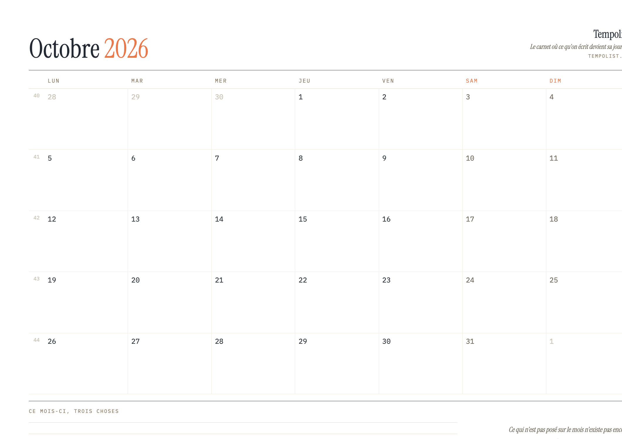 Aperçu du calendrier de octobre 2026 à imprimer