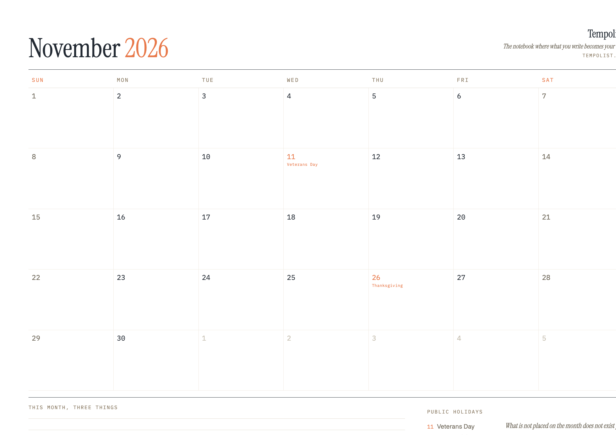 Preview of the printable November 2026 calendar