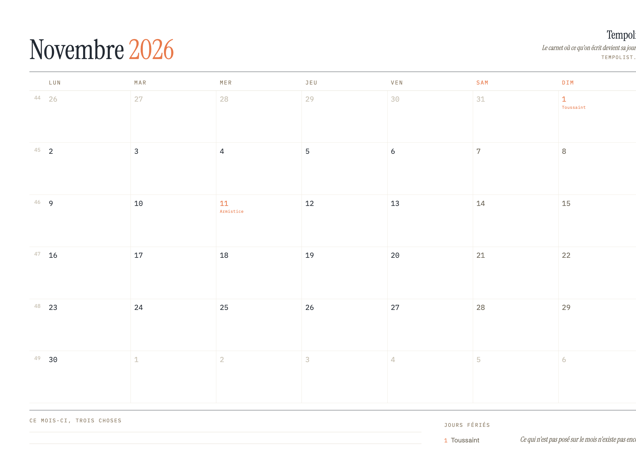 Aperçu du calendrier de novembre 2026 à imprimer