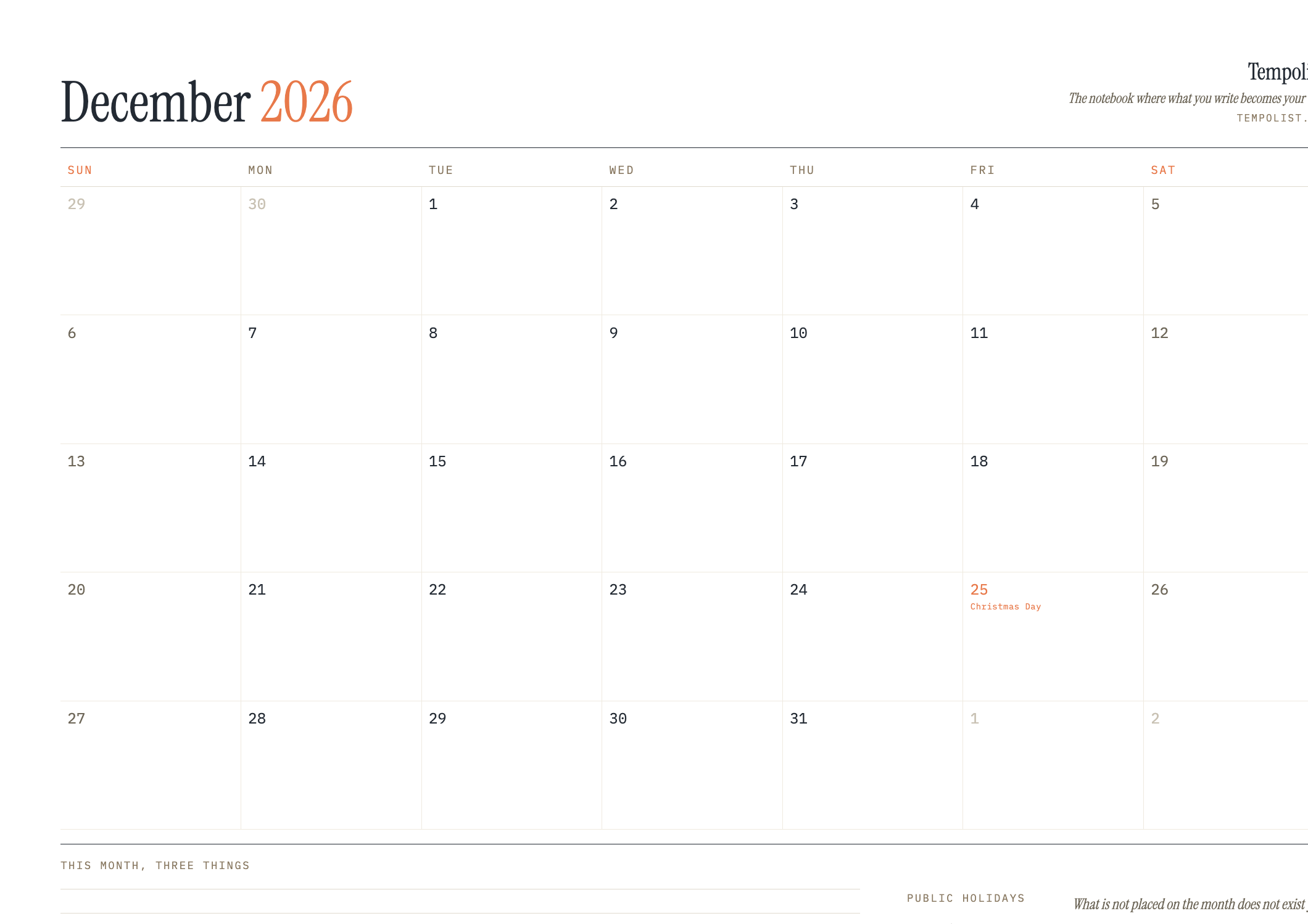 Preview of the printable December 2026 calendar