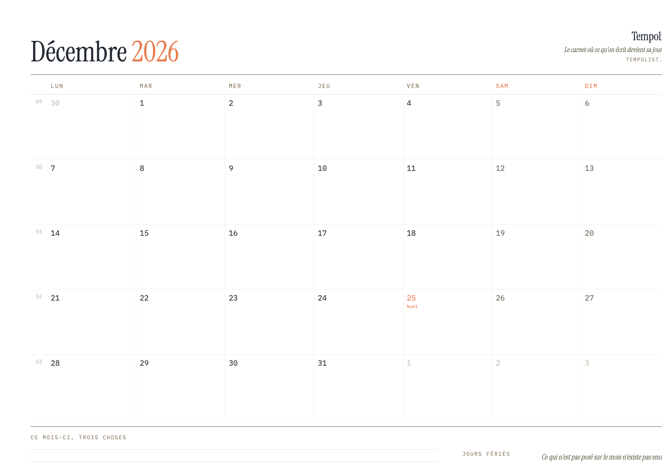 Aperçu du calendrier de décembre 2026 à imprimer