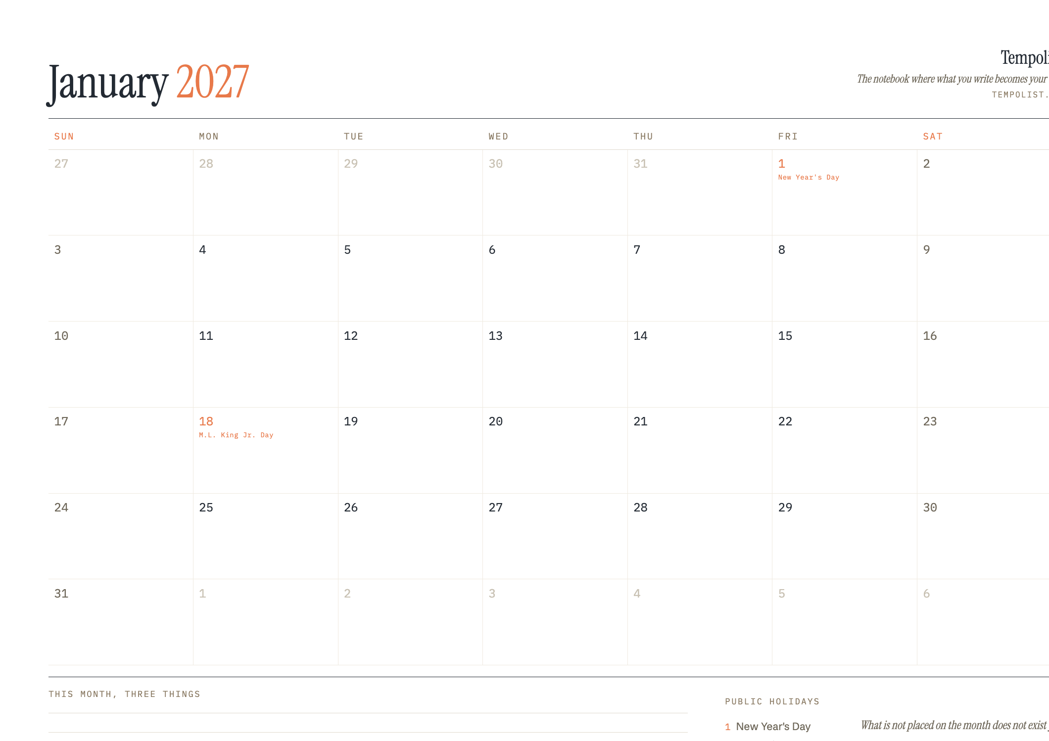 Preview of the printable January 2027 calendar