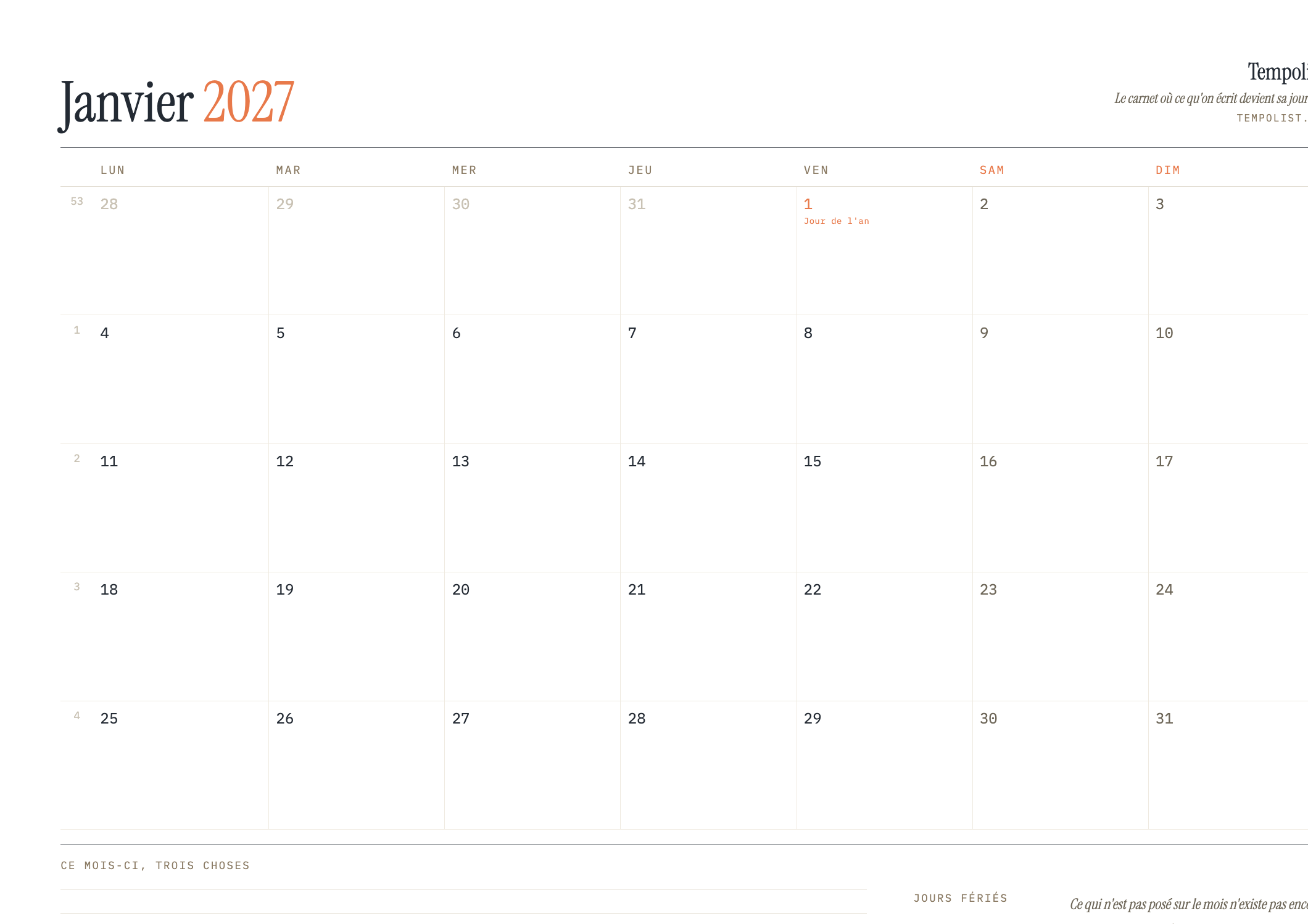Aperçu du calendrier de janvier 2027 à imprimer