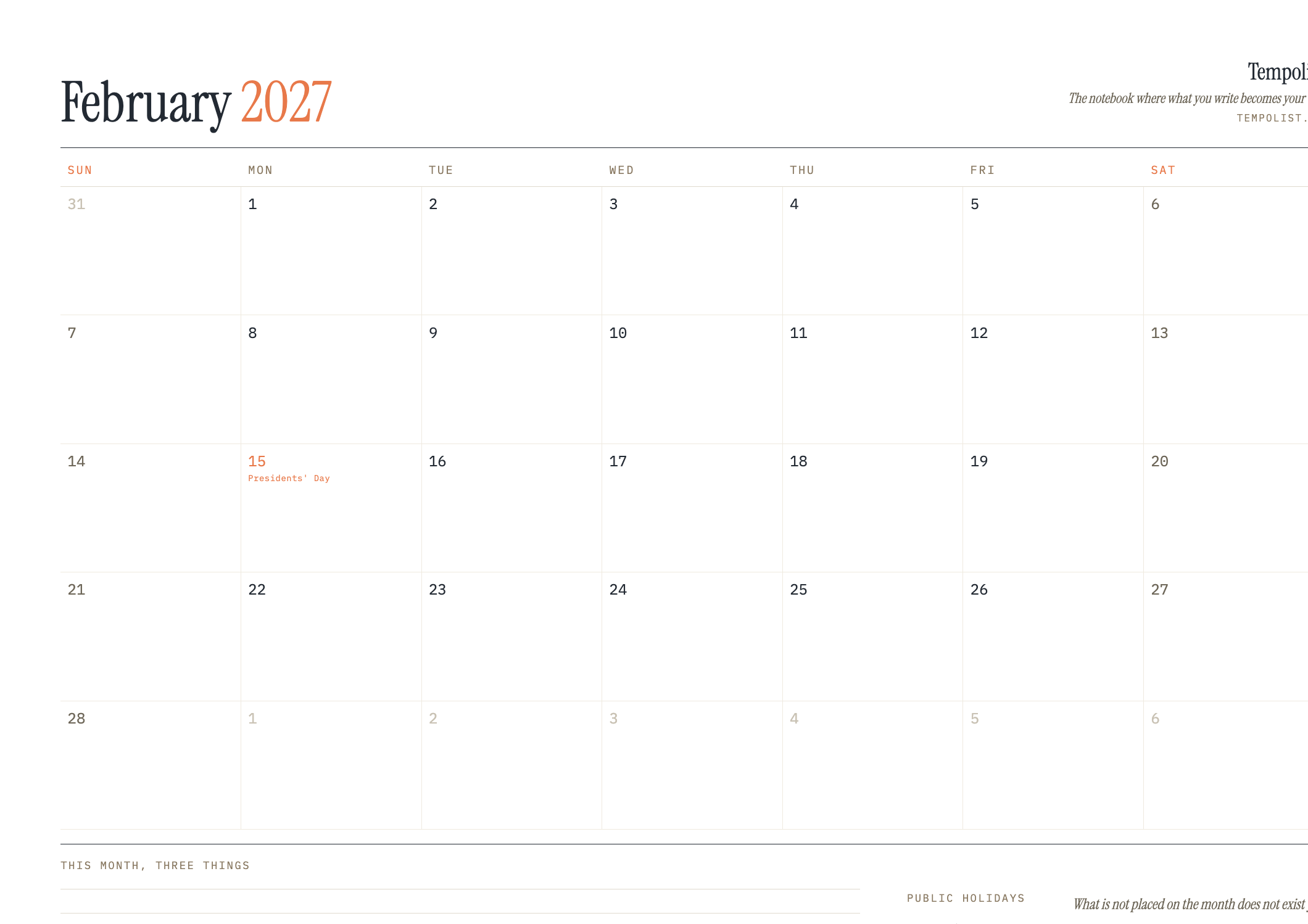 Preview of the printable February 2027 calendar