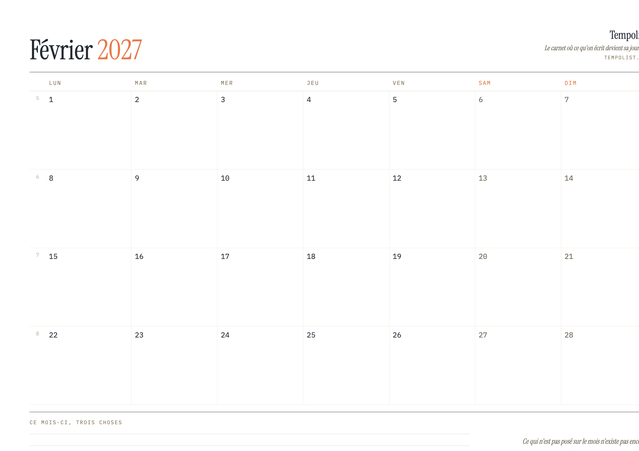 Aperçu du calendrier de février 2027 à imprimer