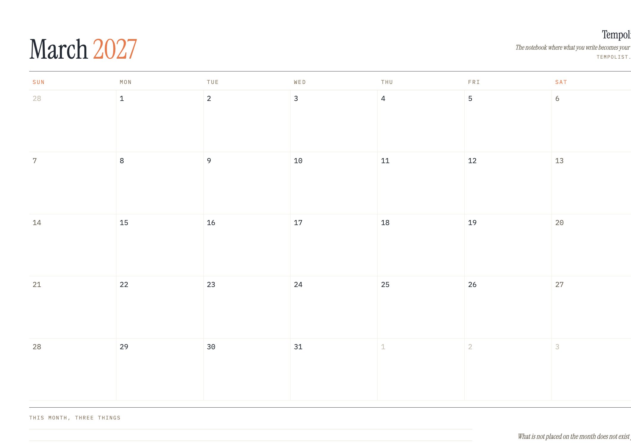 Preview of the printable March 2027 calendar