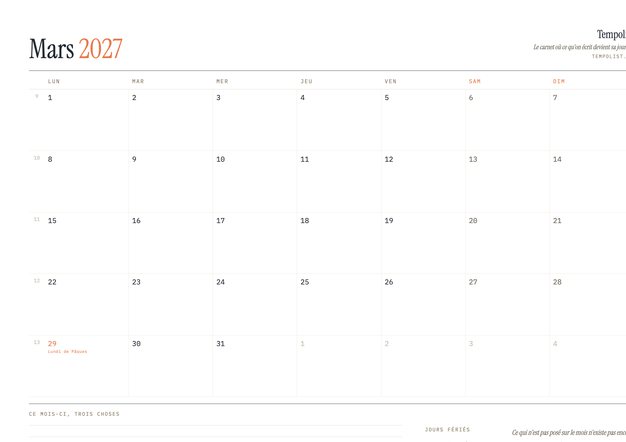 Aperçu du calendrier de mars 2027 à imprimer