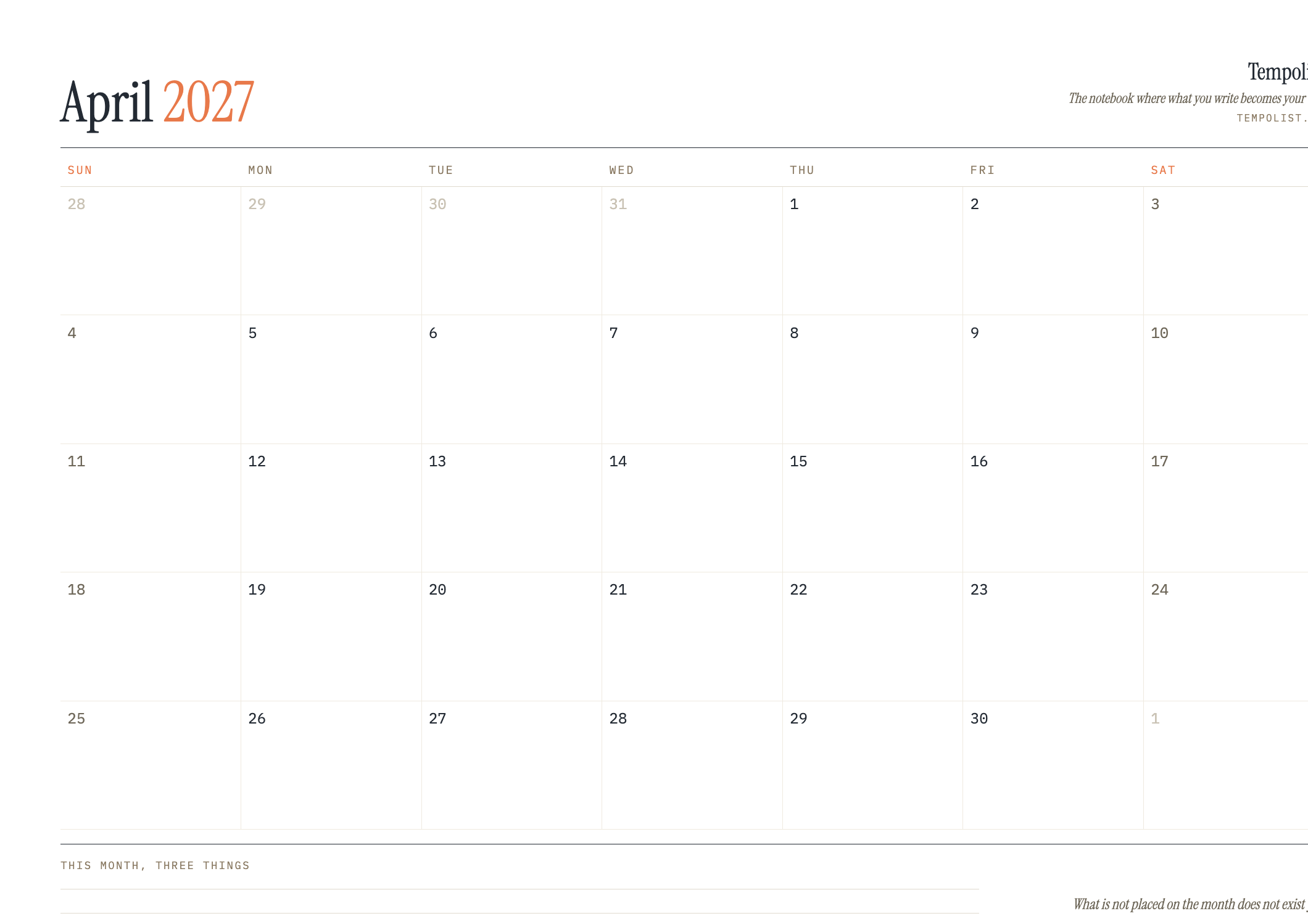 Preview of the printable April 2027 calendar