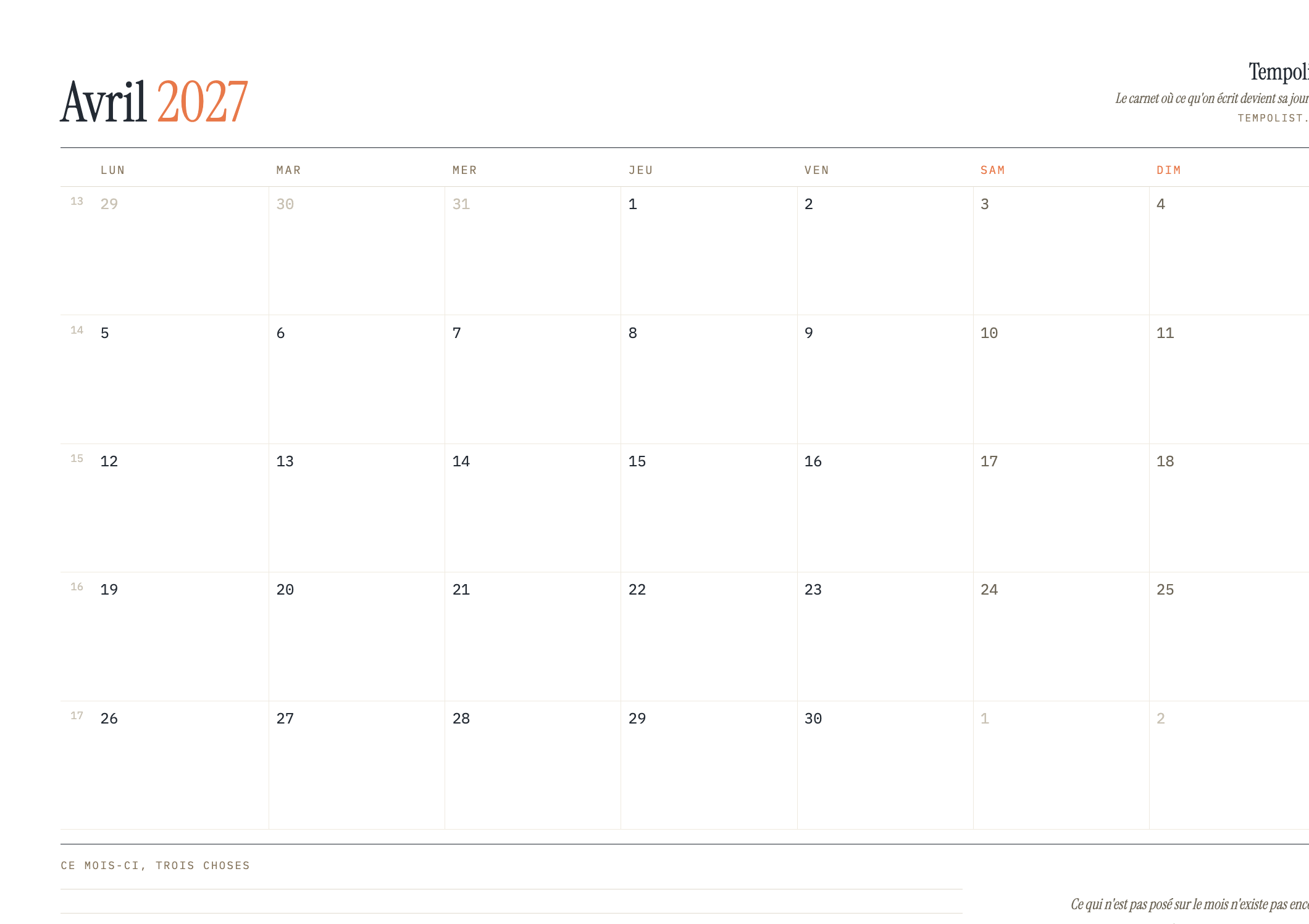 Aperçu du calendrier de avril 2027 à imprimer