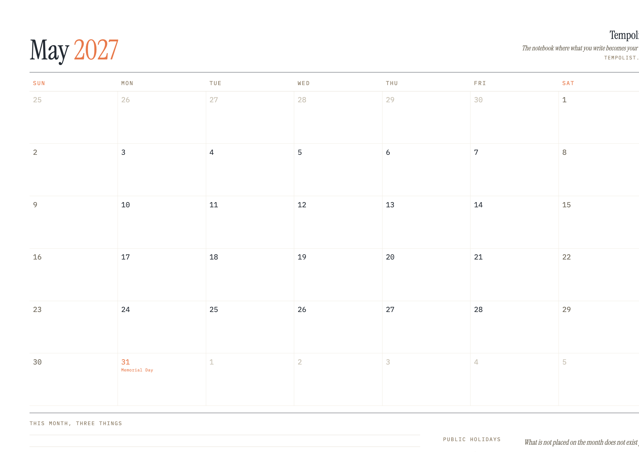 Preview of the printable May 2027 calendar