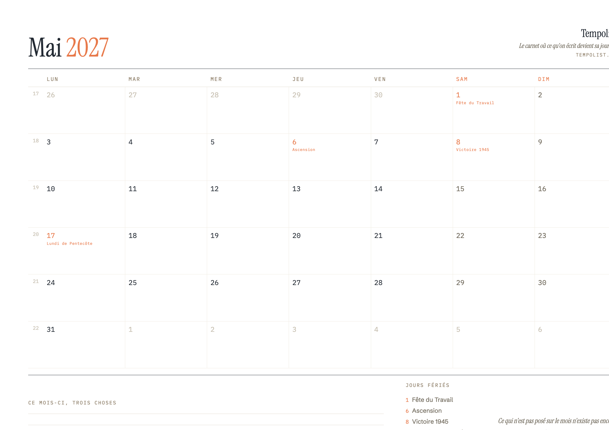 Aperçu du calendrier de mai 2027 à imprimer