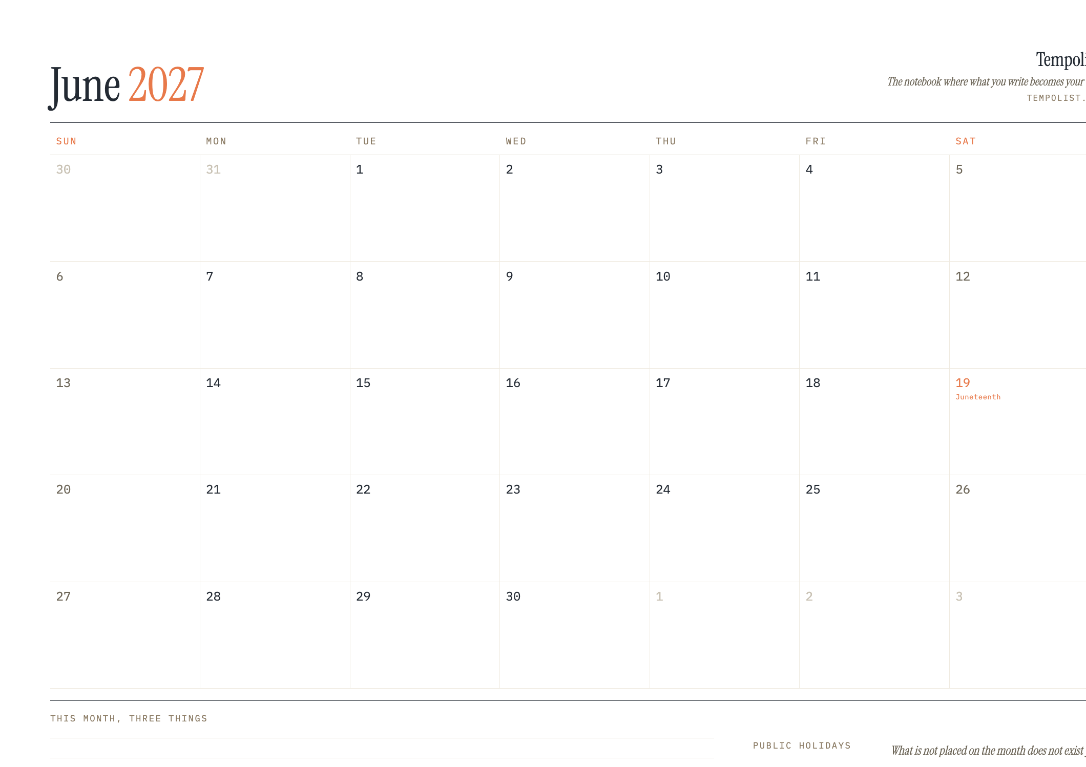 Preview of the printable June 2027 calendar