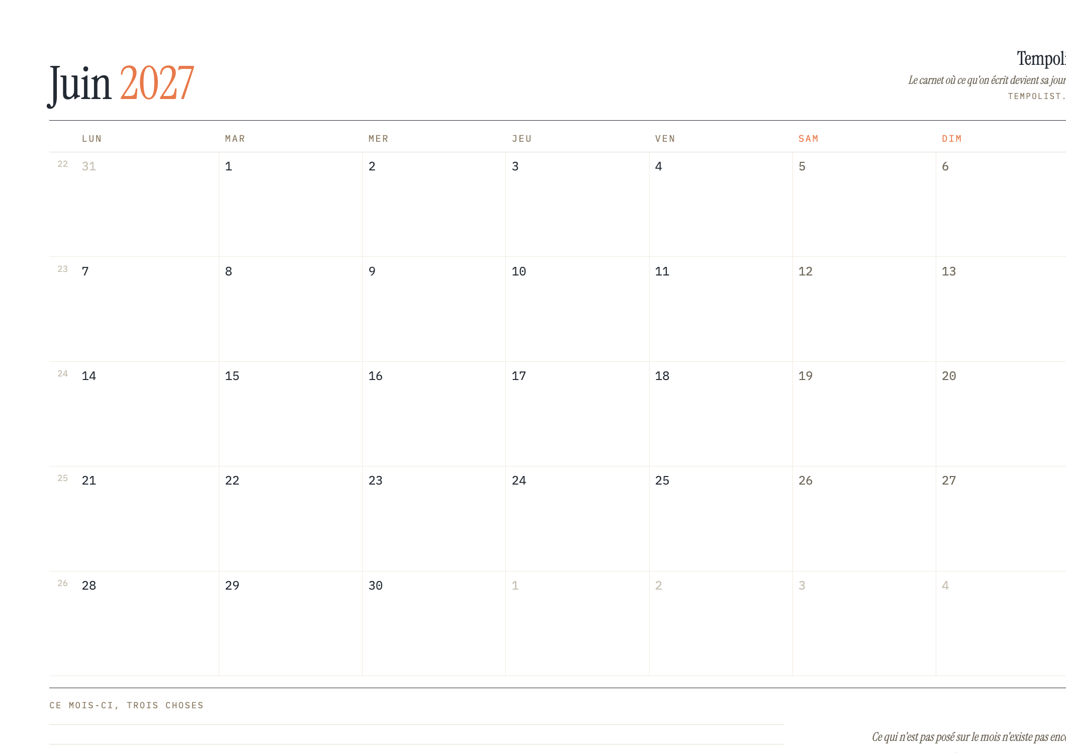 Aperçu du calendrier de juin 2027 à imprimer
