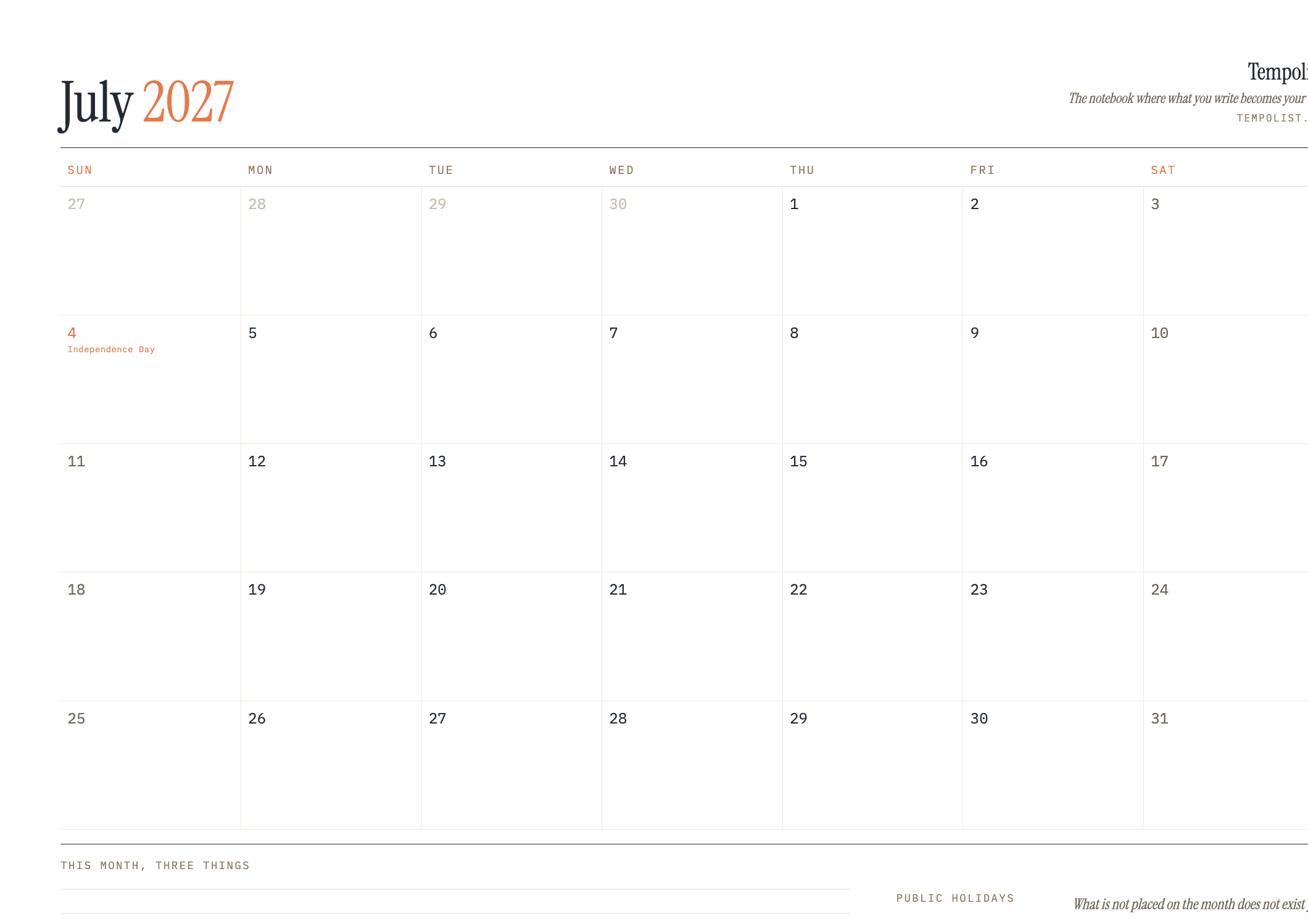 Preview of the printable July 2027 calendar