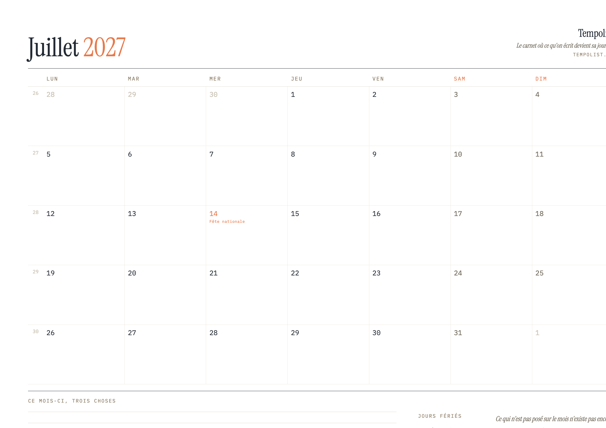 Aperçu du calendrier de juillet 2027 à imprimer