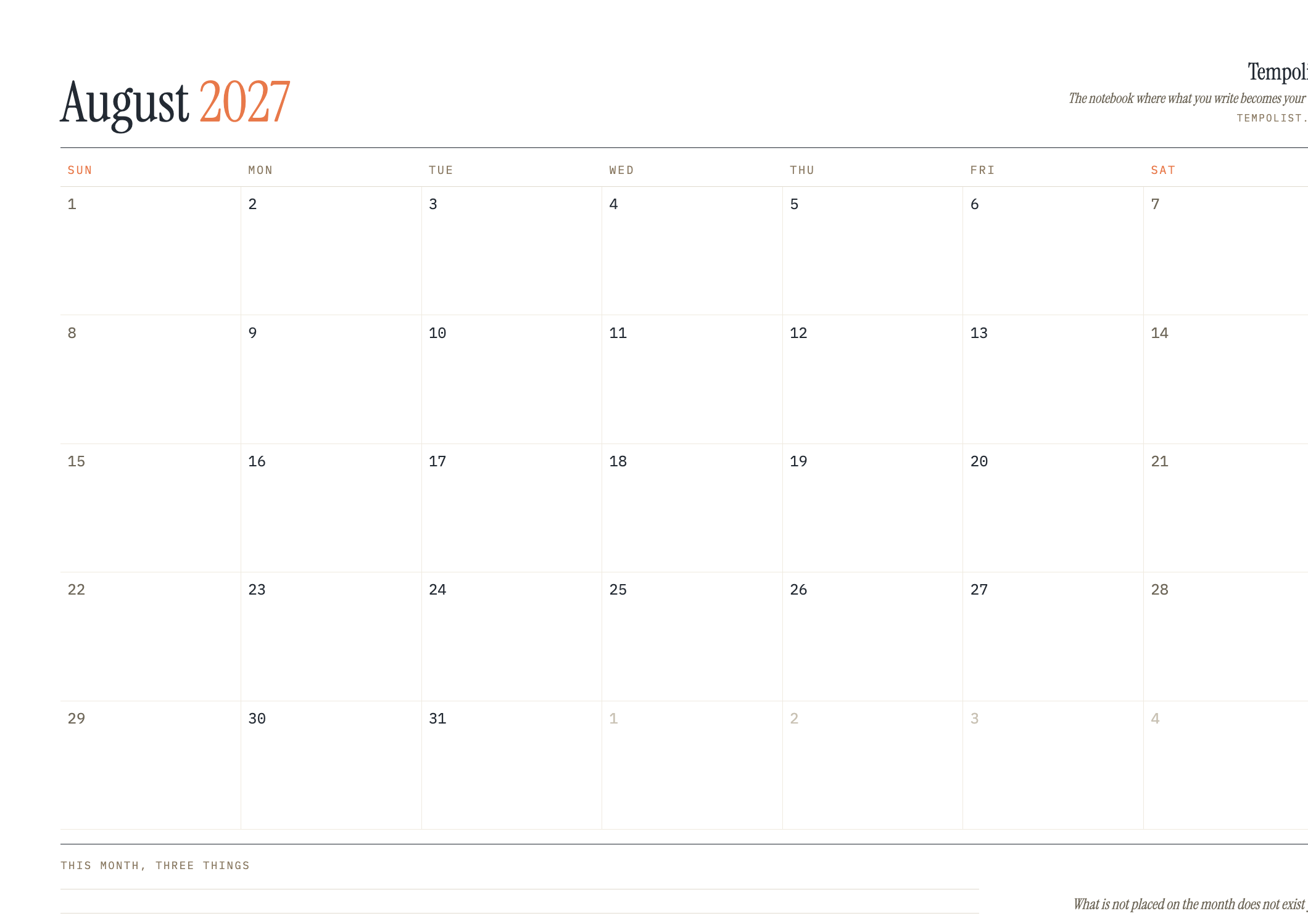 Preview of the printable August 2027 calendar