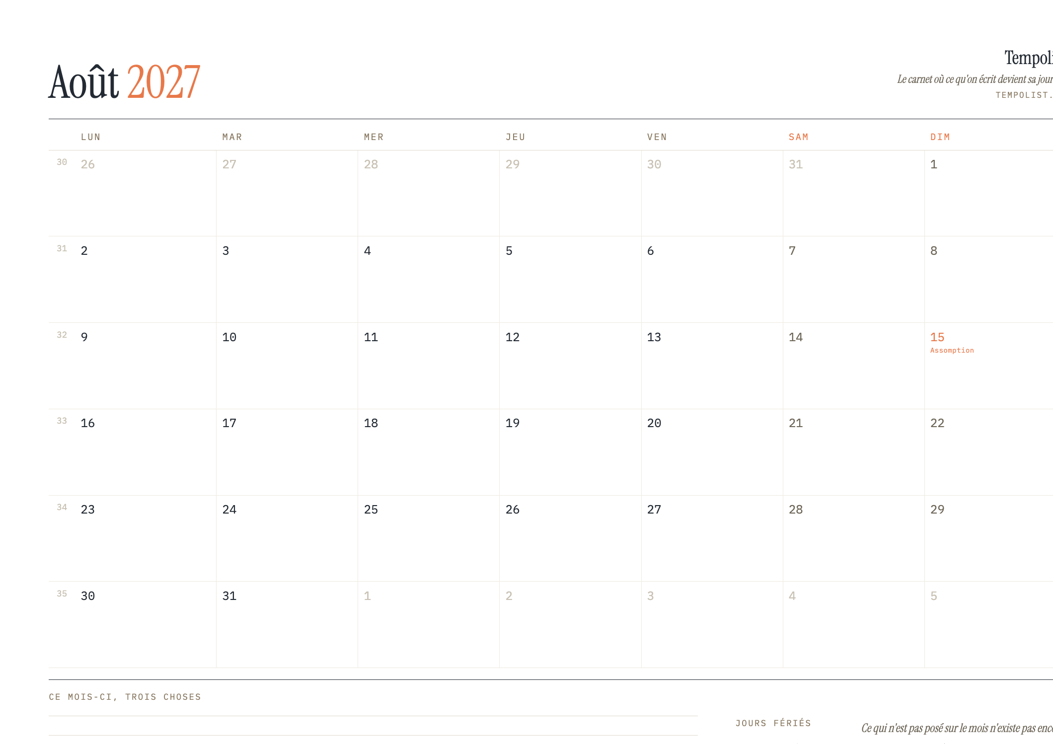 Aperçu du calendrier de août 2027 à imprimer
