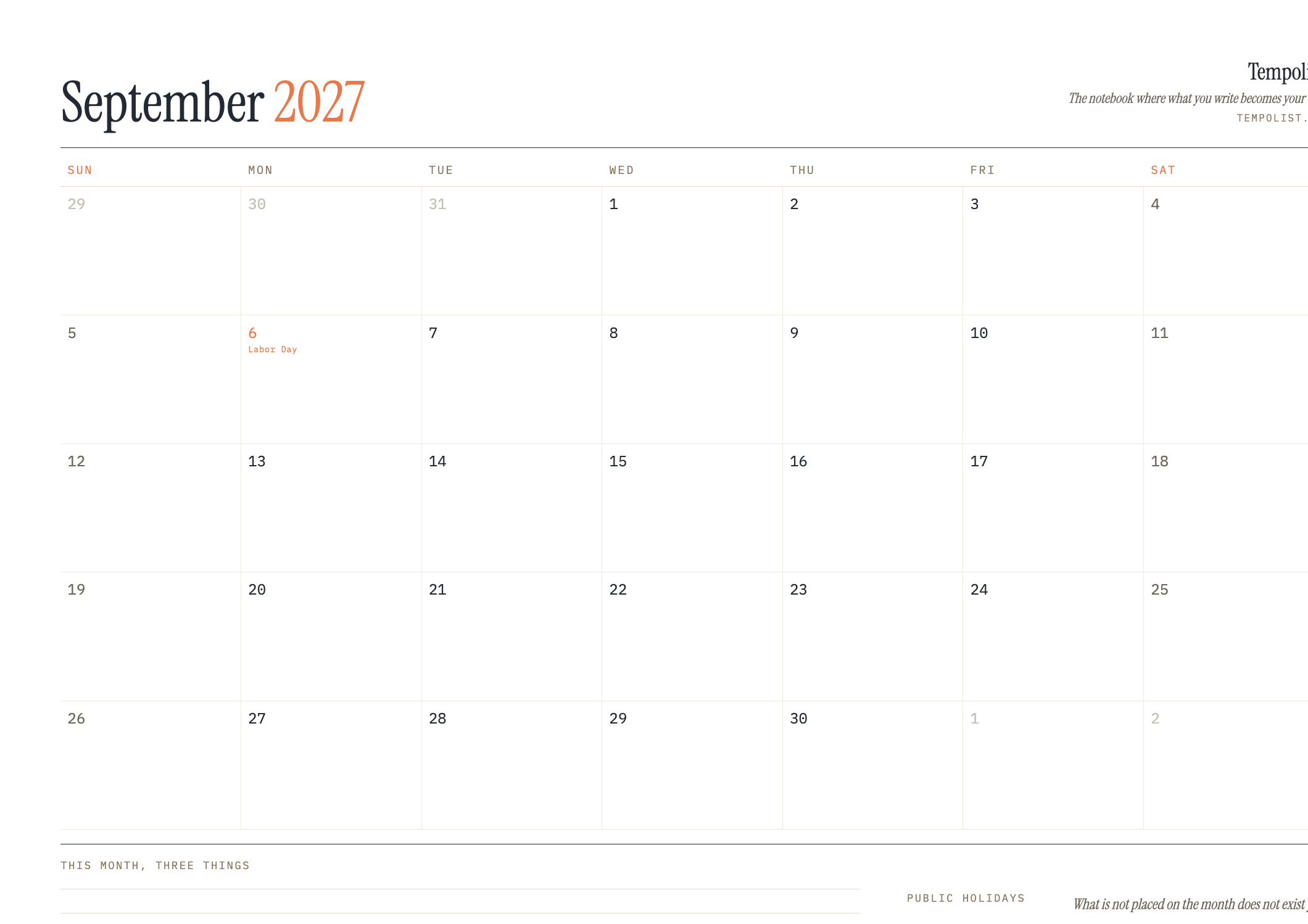 Preview of the printable September 2027 calendar