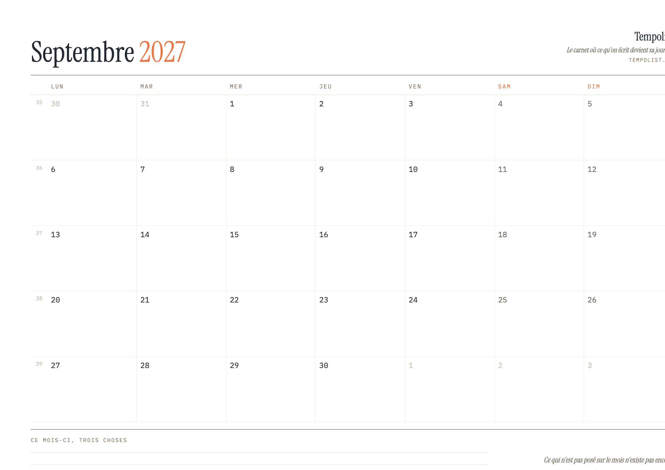 Aperçu du calendrier de septembre 2027 à imprimer