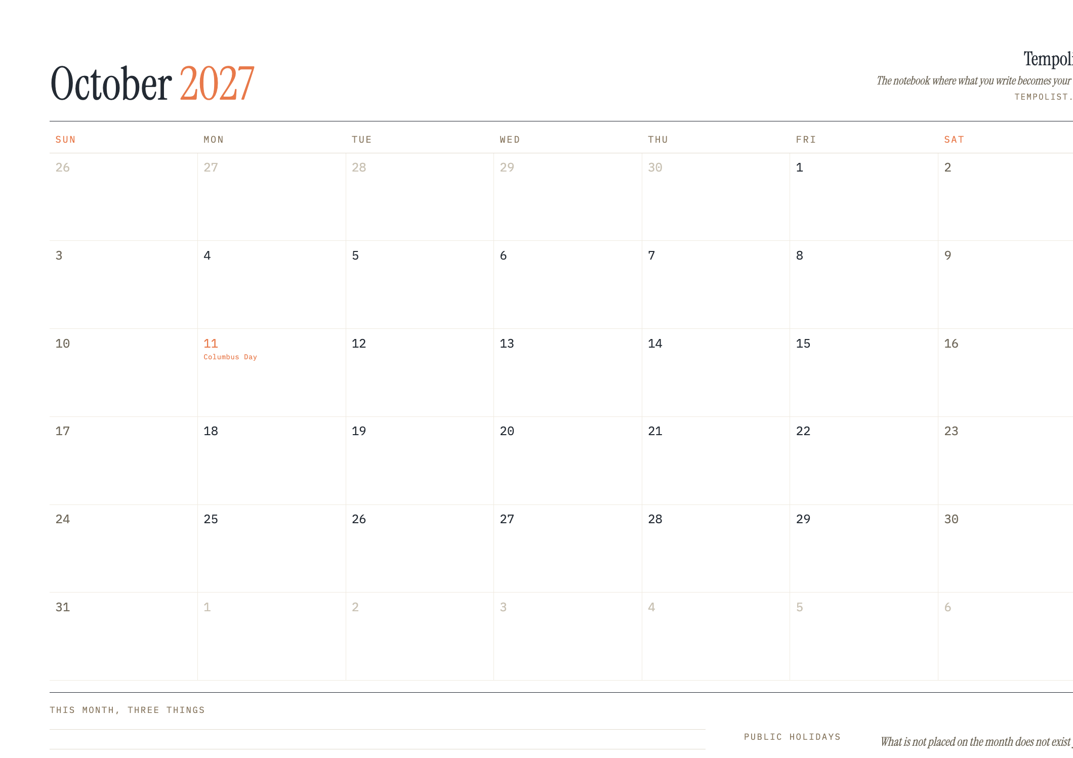Preview of the printable October 2027 calendar