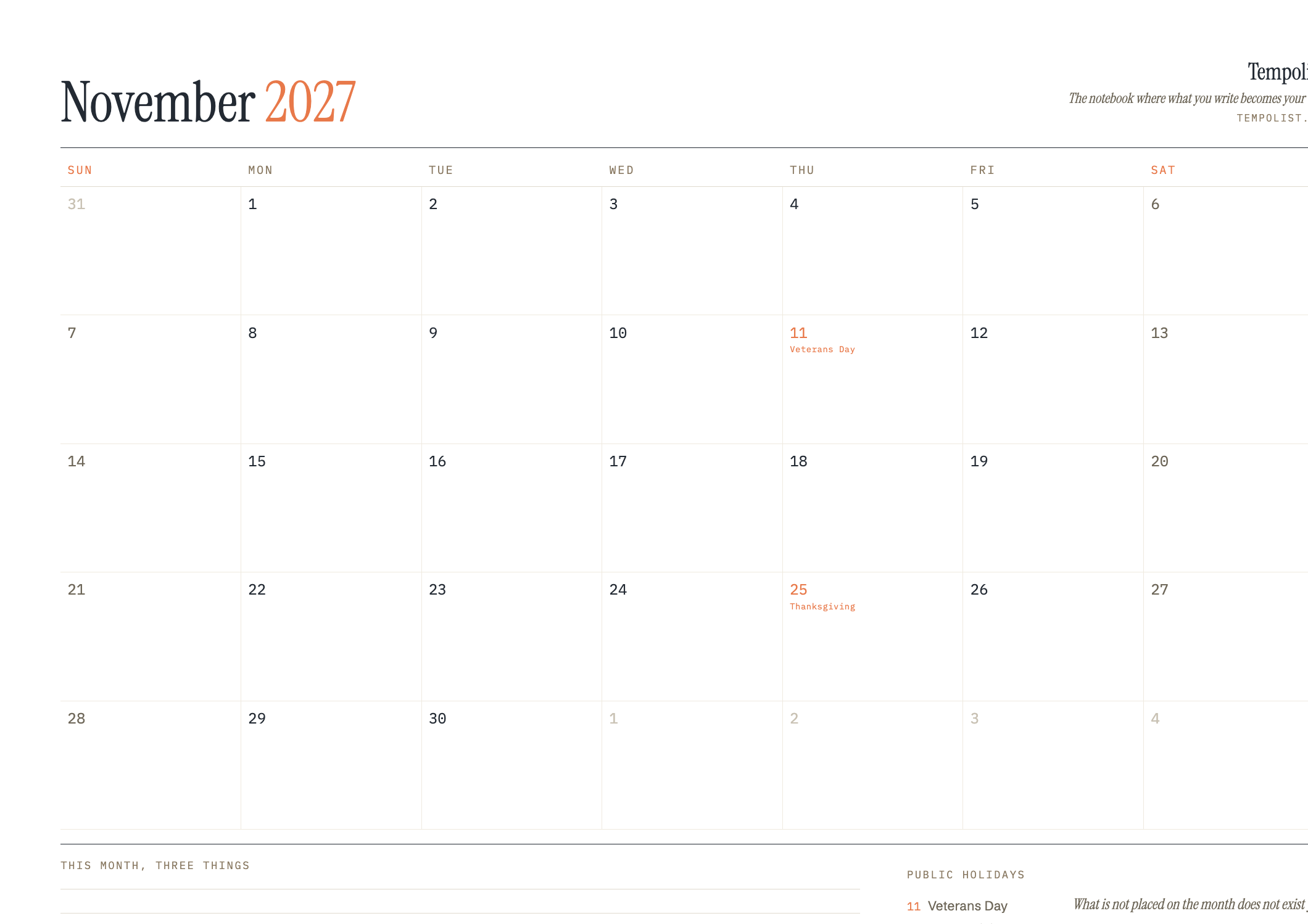 Preview of the printable November 2027 calendar