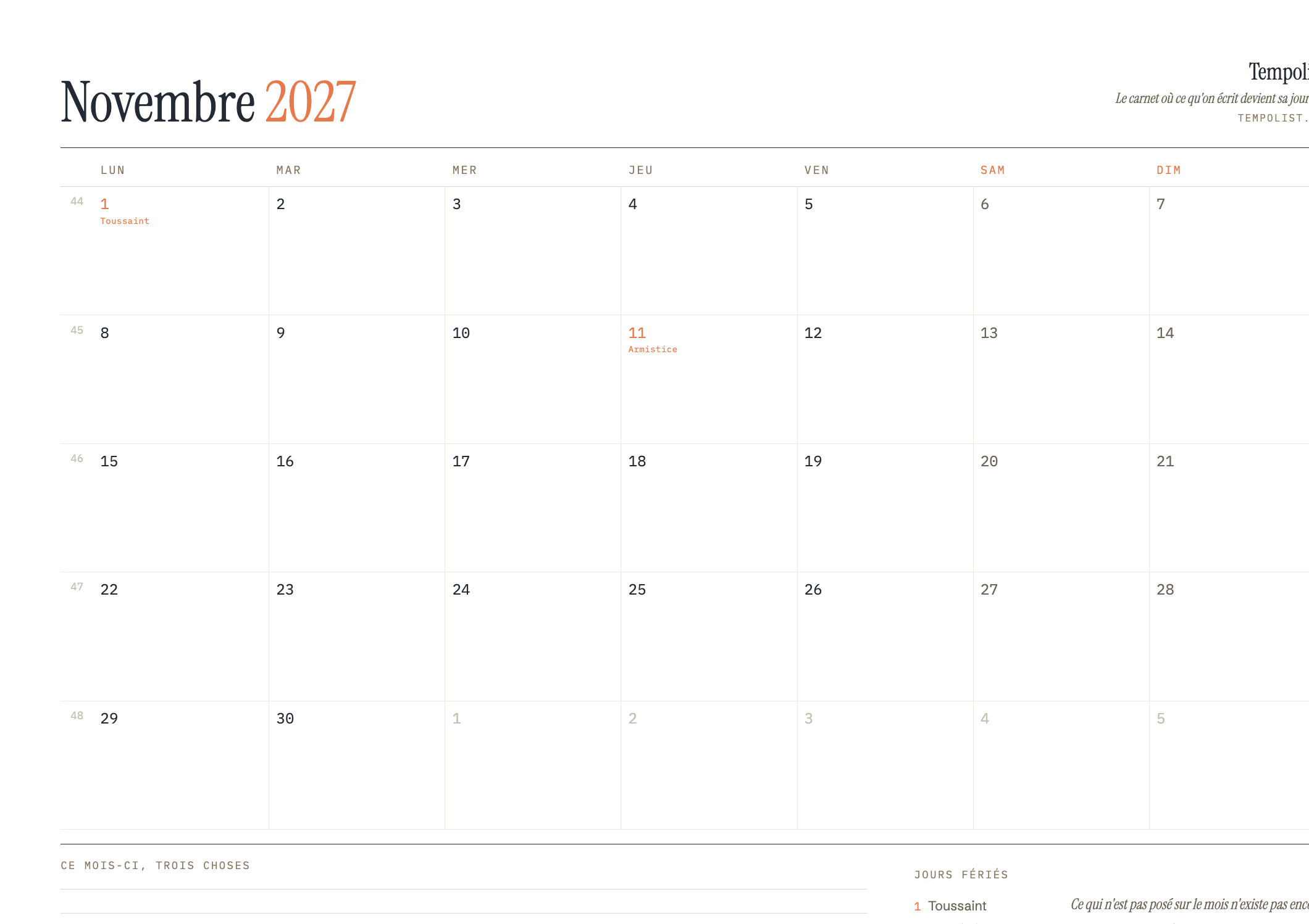 Aperçu du calendrier de novembre 2027 à imprimer