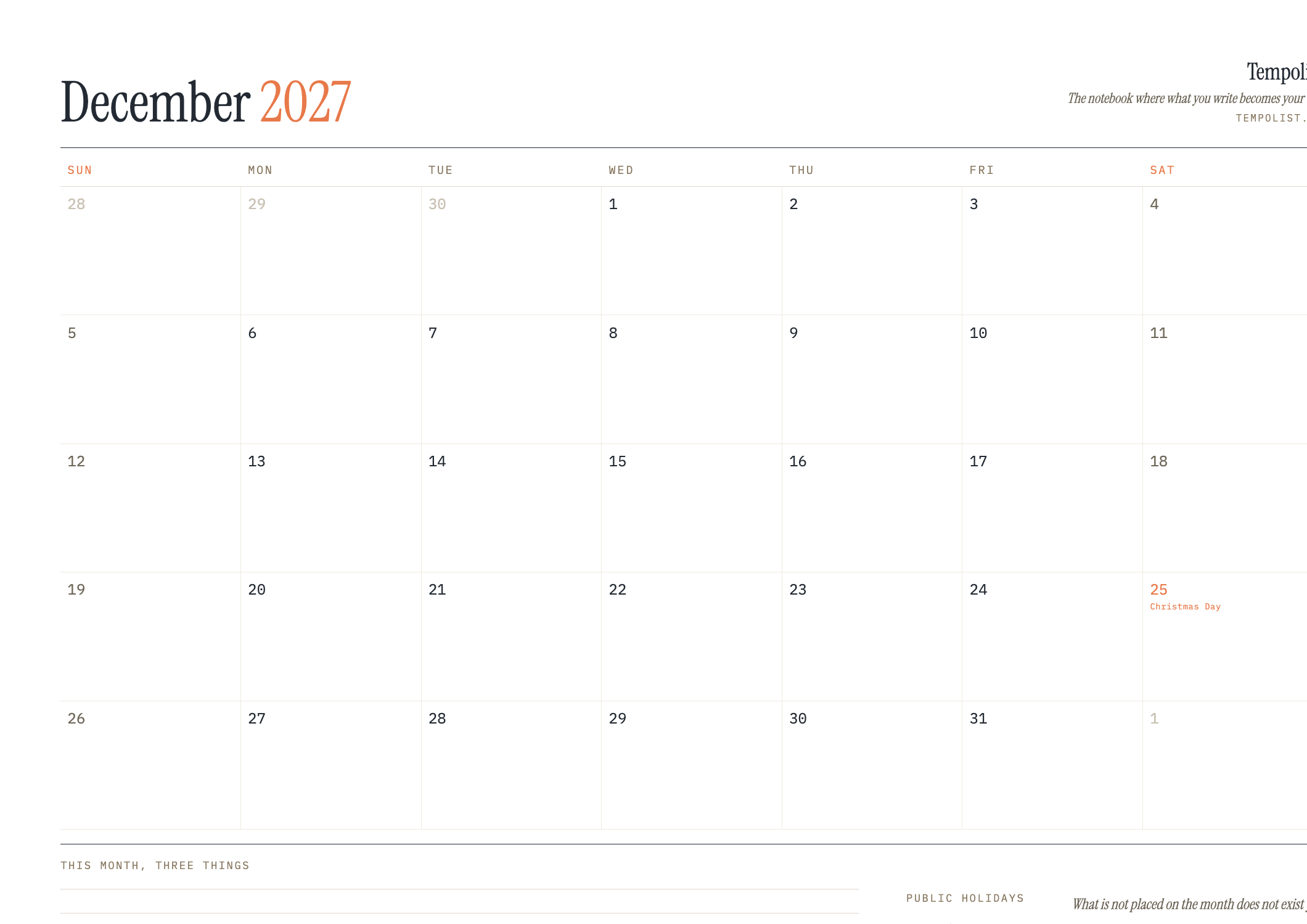 Preview of the printable December 2027 calendar